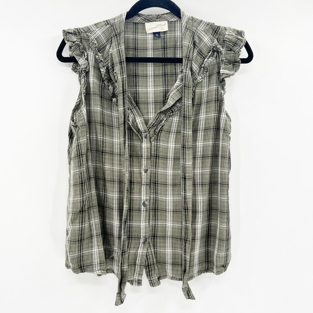 Universal Thread Button Down Blouse Womens Size M Green Plaid Ruffle V Neck Tie